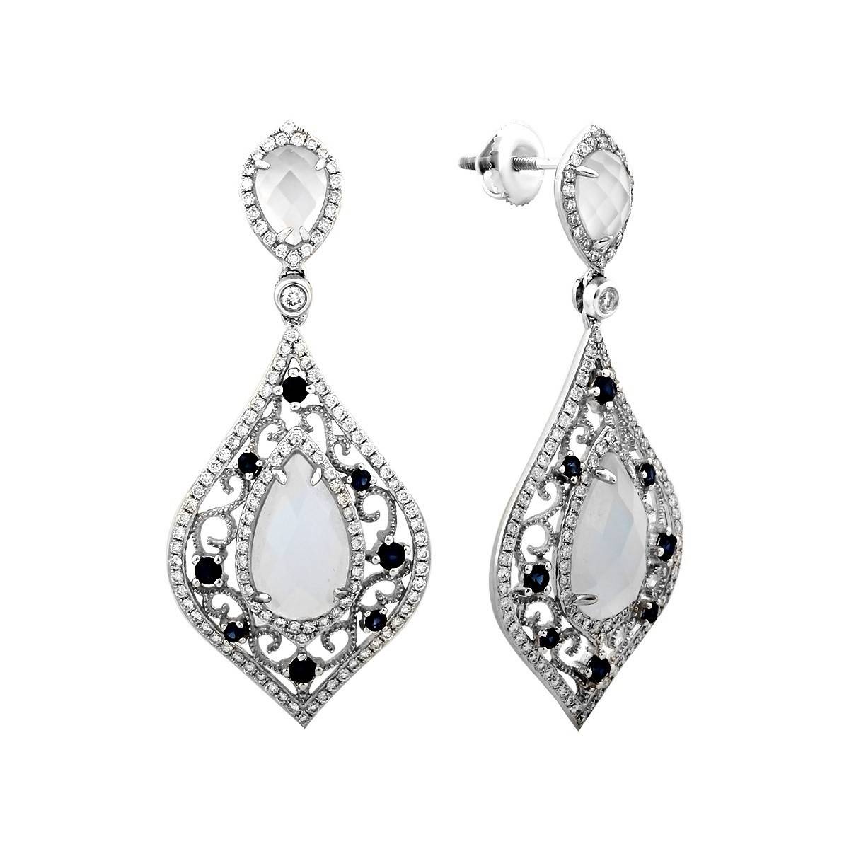 Cерьги из белого золота с бриллиантами, сапфирами и халцедонами (003963)