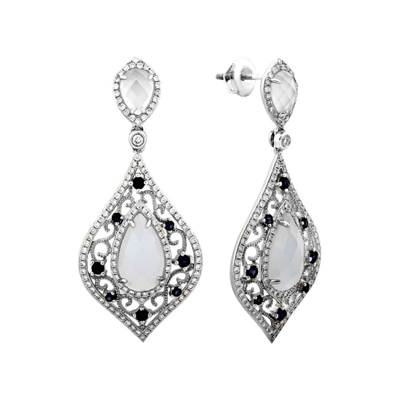 Cерьги из белого золота с бриллиантами, сапфирами и халцедонами (003963)