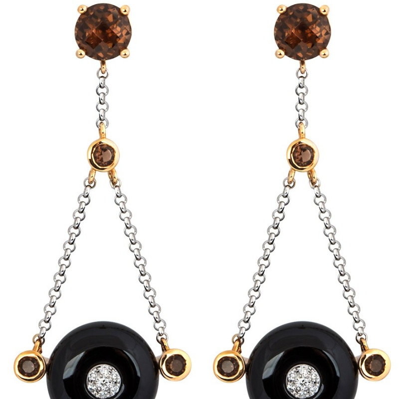 Серьги с бриллиантами, агатами и дымчатами кварцами (011072)
