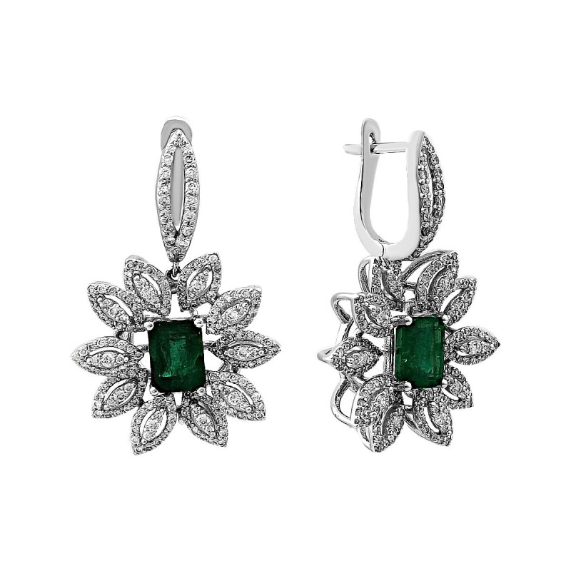 Серьги из белого золота с бриллиантами и изумрудами (027514)