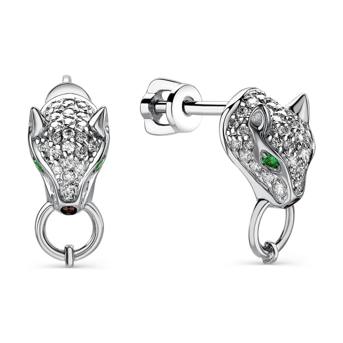 Серьги пусеты из белого золота с бриллиантами и изумрудами (059854)