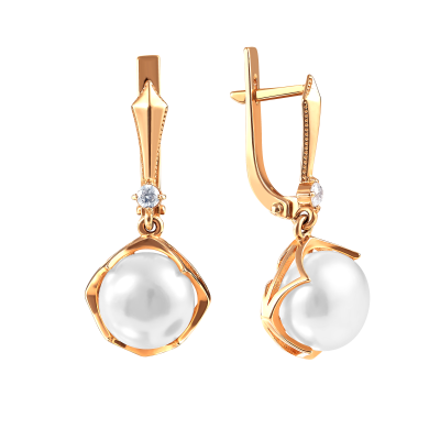 Серьги из красного золота с жемчугом и фианитами (041466)