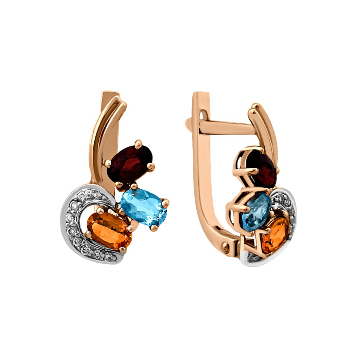 Серьги из красного золота с бриллиантами и полудрагоценными камнями (022010)