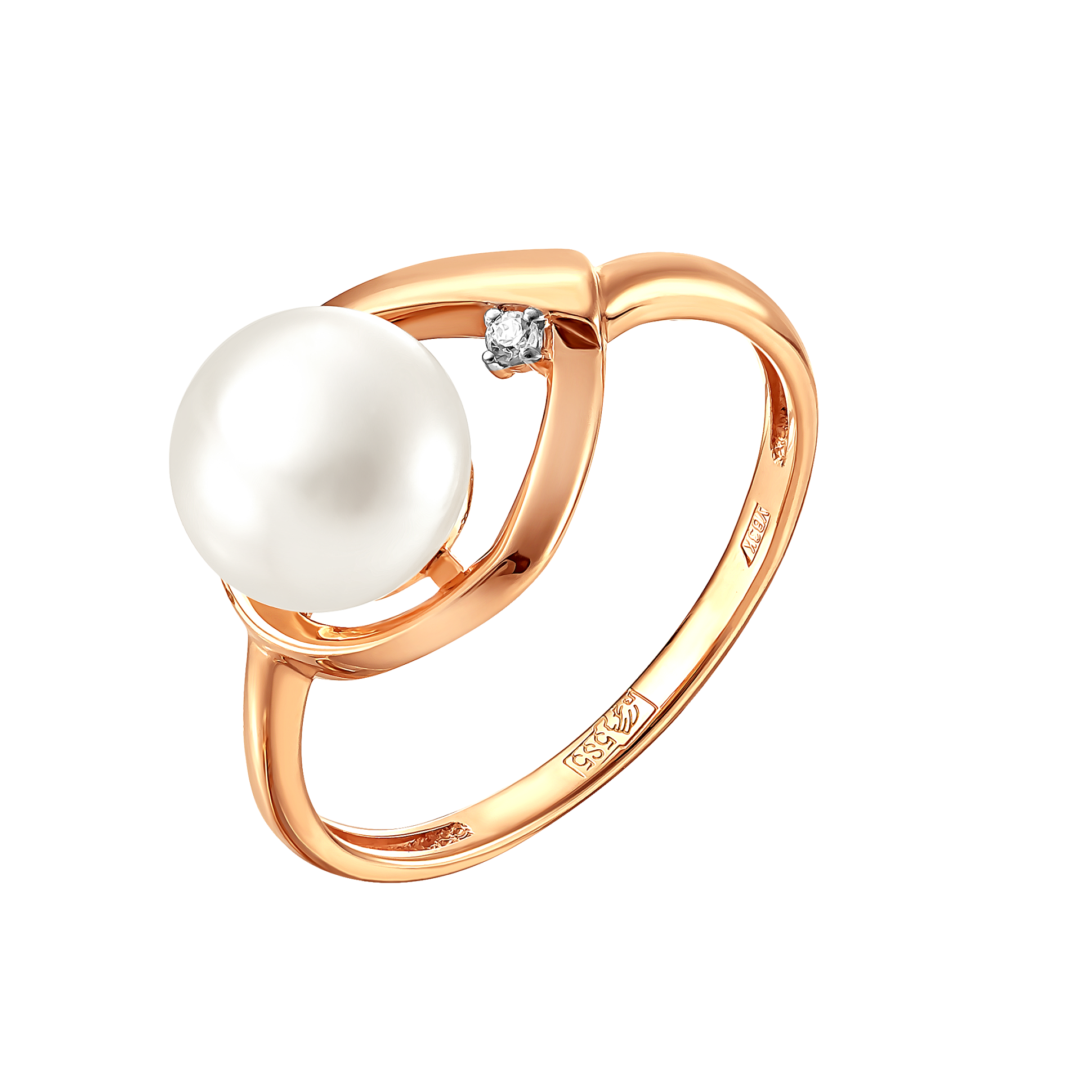 Кольцо из красного золота с жемчугом и фианитом (041797)