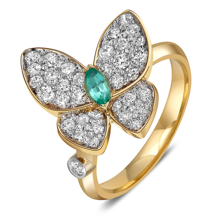 Кольцо из жёлтого золота с бриллиантами и изумрудом "Бабочка" (059984)