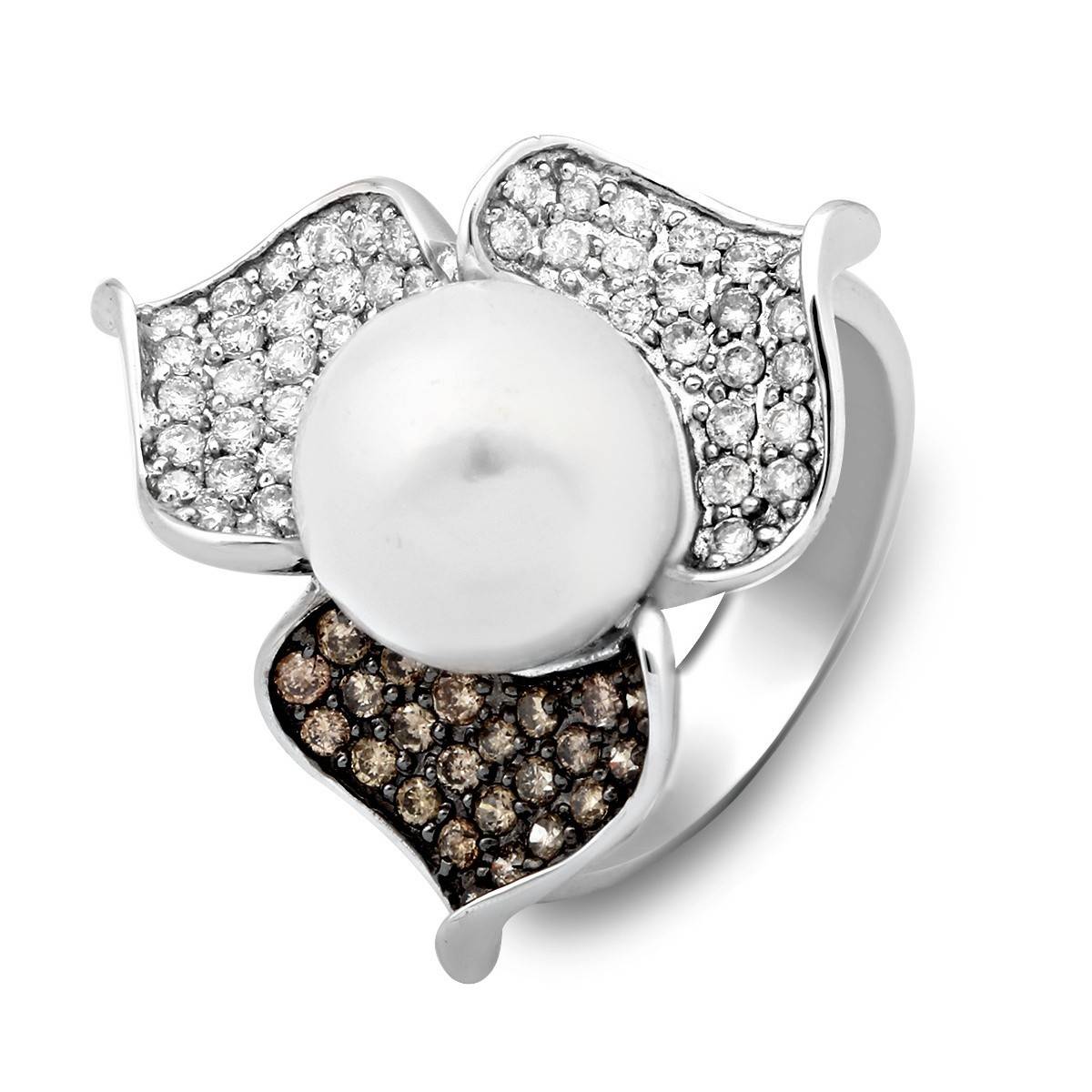 Кольцо из белого золота с бриллиантами и жемчугом (013732)