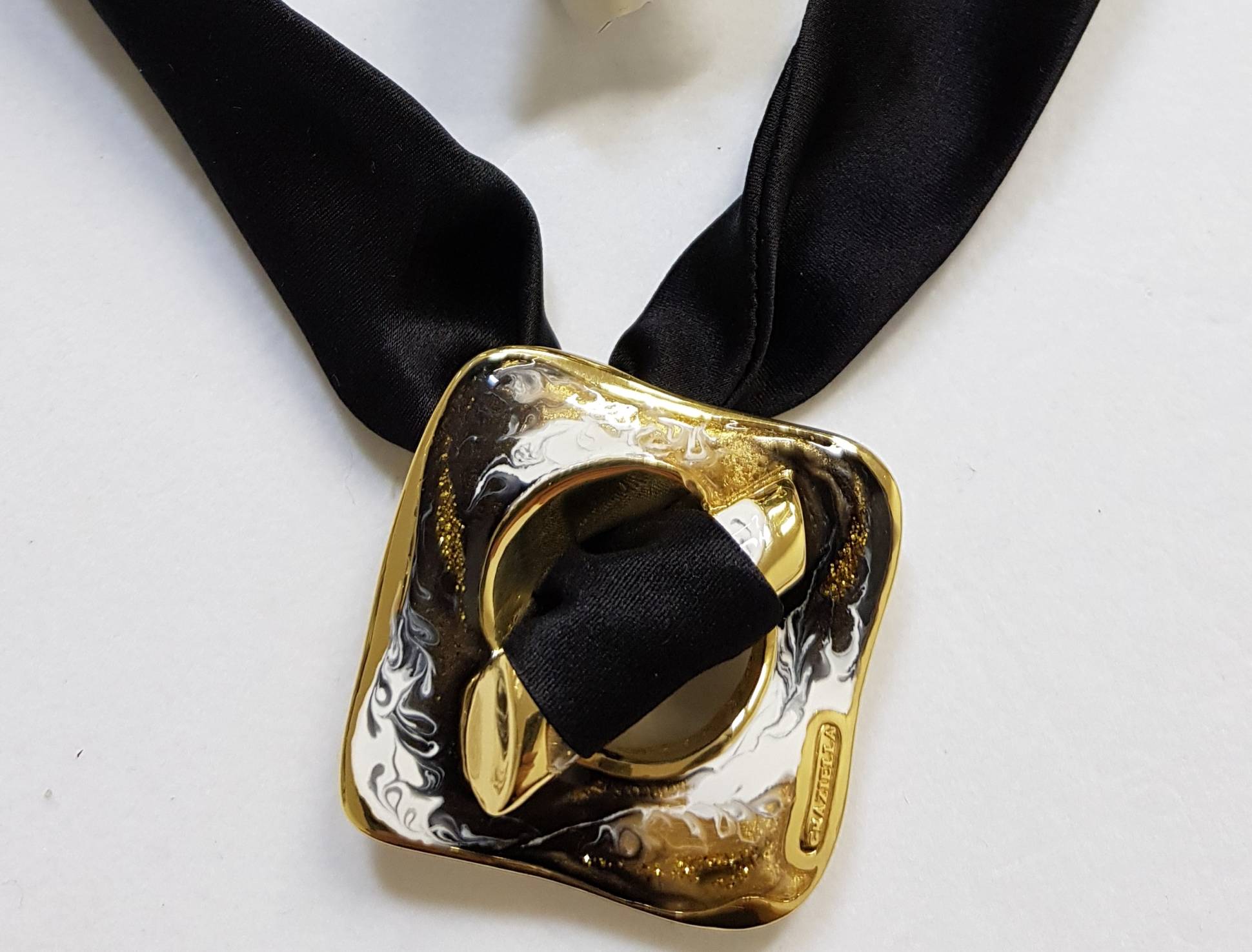 Колье из серебра с эмалью и шёлком 