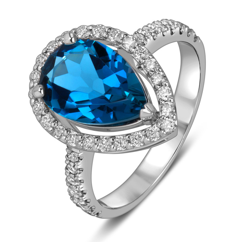 Кольцо из белого золота с бриллиантами и лондон топазом (060359)