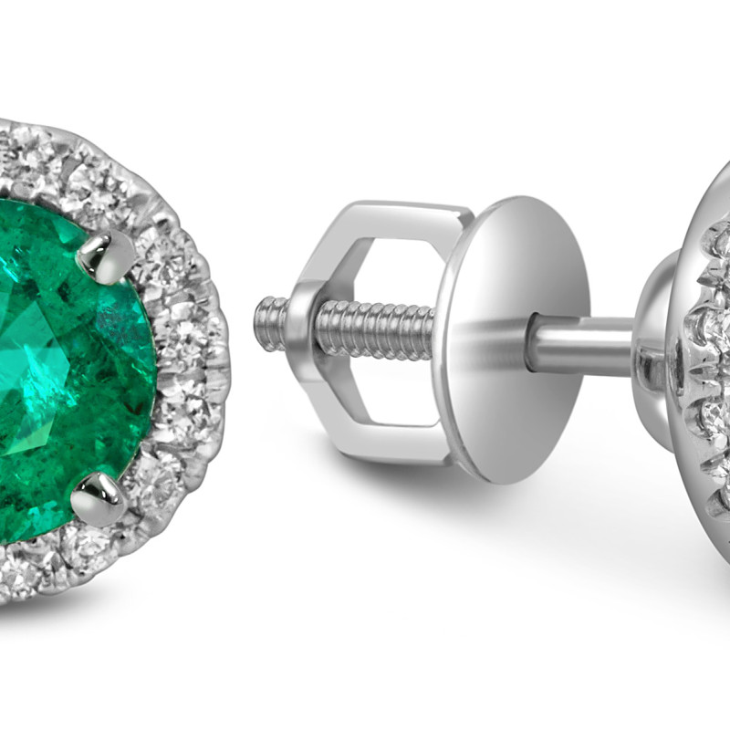 Серьги пусеты из белого золота с бриллиантами и изумрудами (052614)