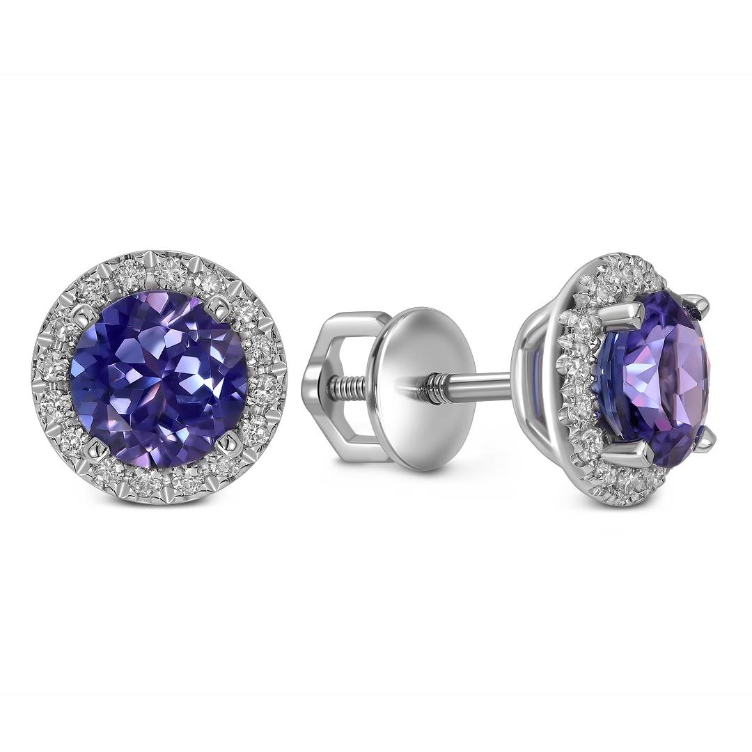 Серьги пусеты из белого золота с бриллиантами и танзанитами (060613)