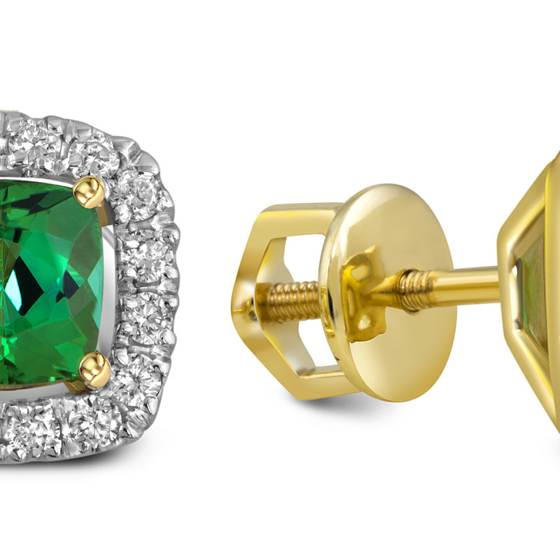 Серьги пусеты из жёлтого золота золота с бриллиантами и турмалинами (057501)