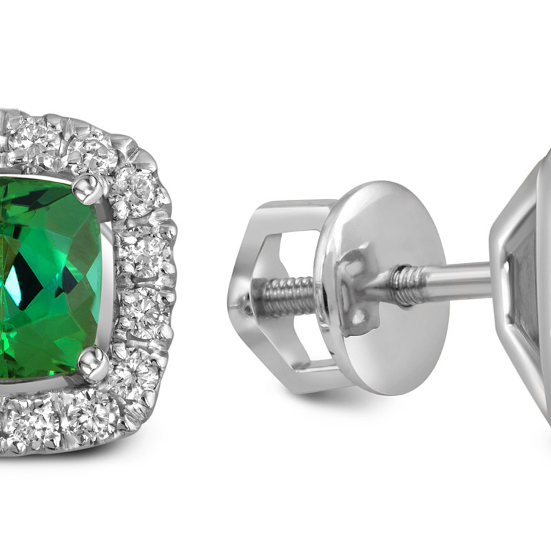 Серьги пусеты из белого золота с бриллиантами и турмалинами (057499)