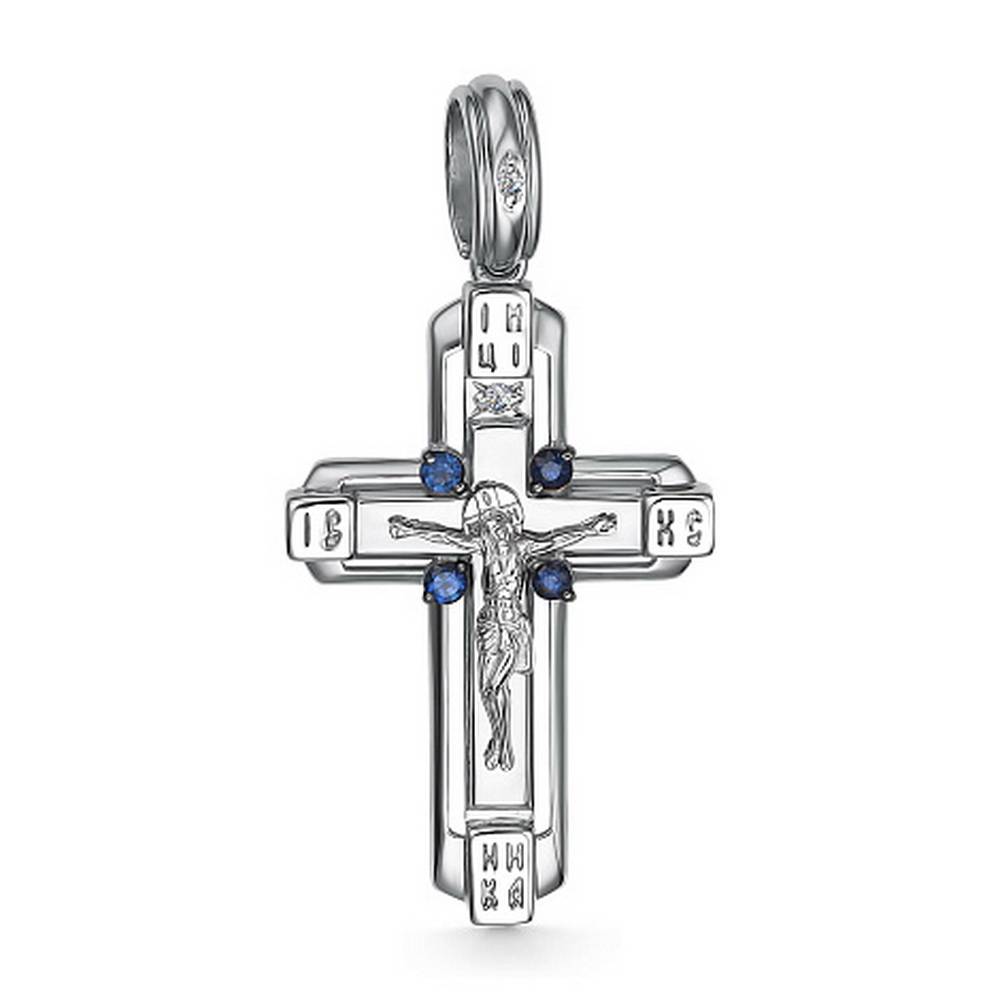 Кулон крест из белого золота с бриллиантами и сапфирами (060426)