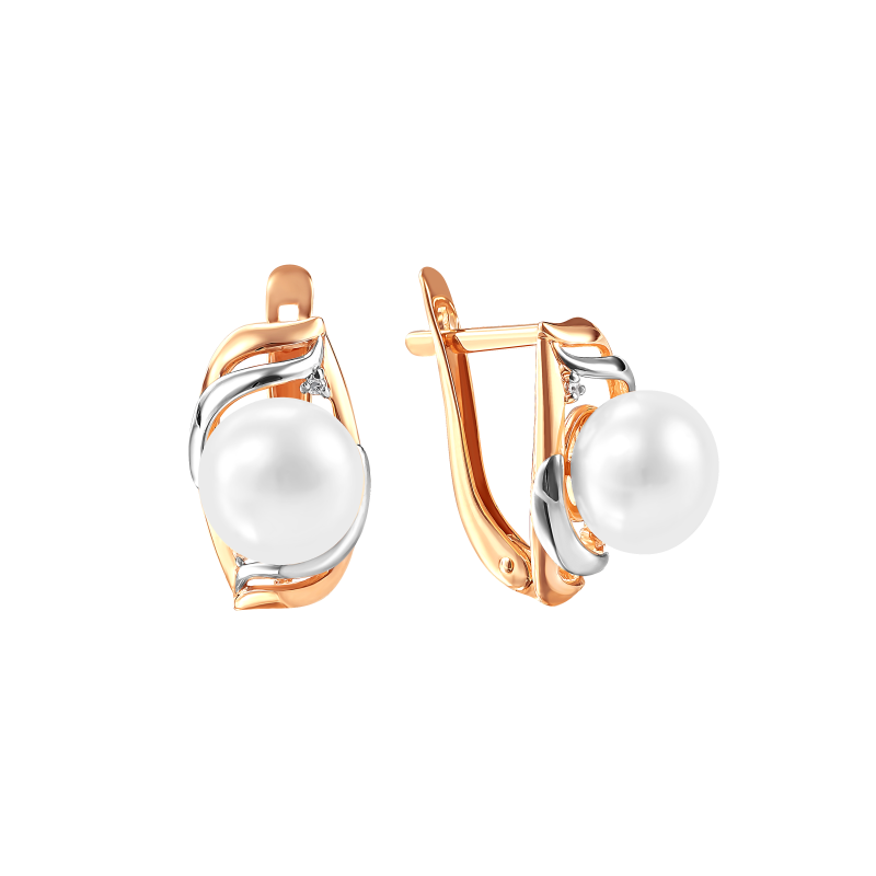 Серьги из красного золота с жемчугом и фианитами (041482)