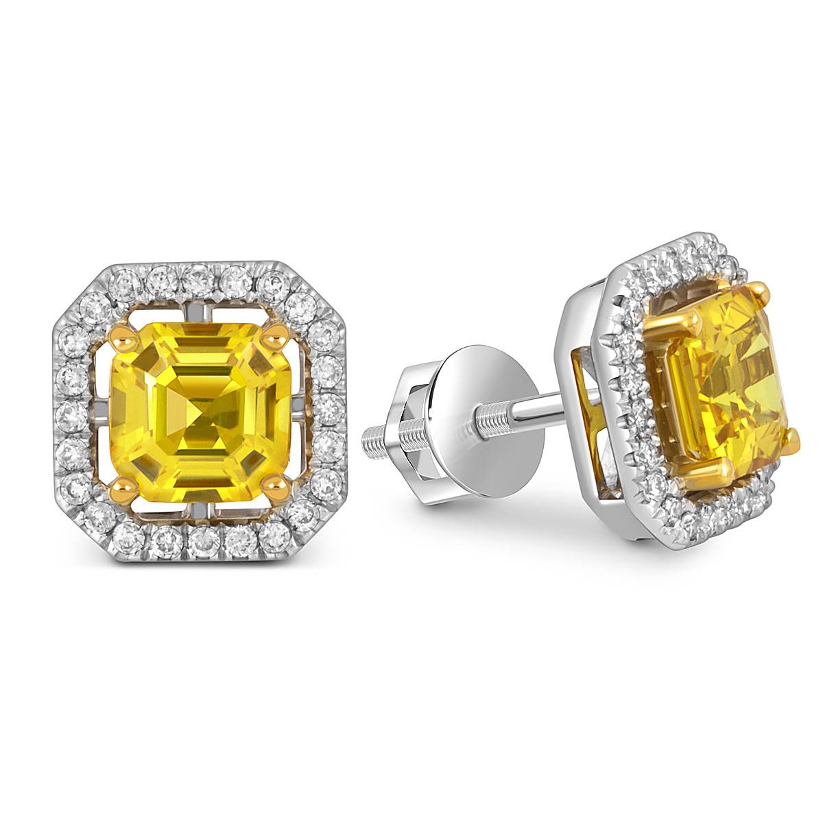 Серьги пусеты из белого золота с бриллиантами и жёлтыми сапфирами (050534)