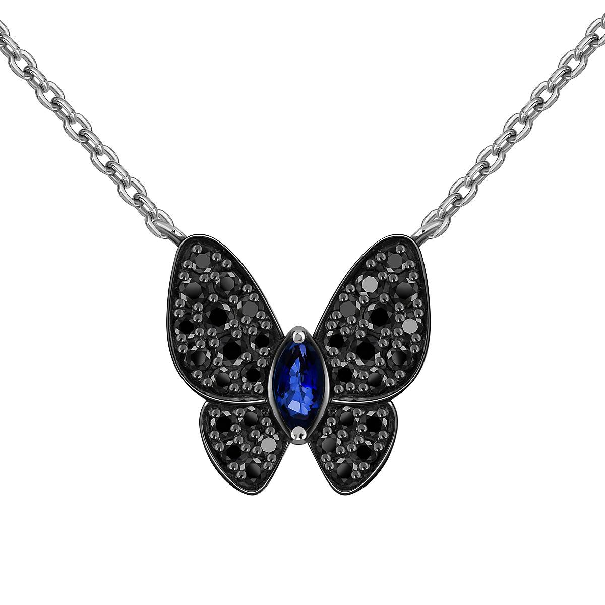 Колье из белого золота с чёрными бриллиантами и сапфиром (059563)