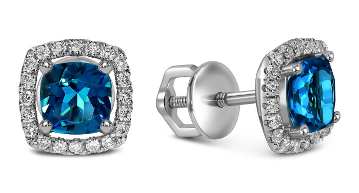 Серьги пусеты из белого золота с бриллиантами и лондон топазами (059093)