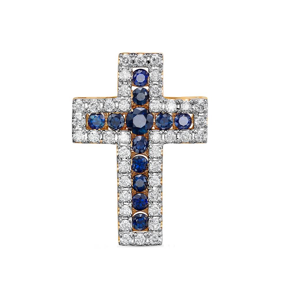 Кулон крест из красного золота с бриллиантами и сапфирами (059440)