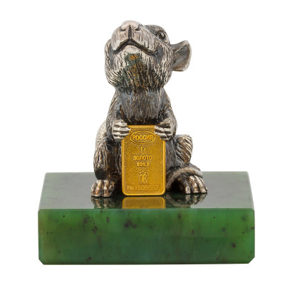 Сувенир Символ года Крыса из серебра со слитком из золота 999 пробы на подставке из нефрита (032043)