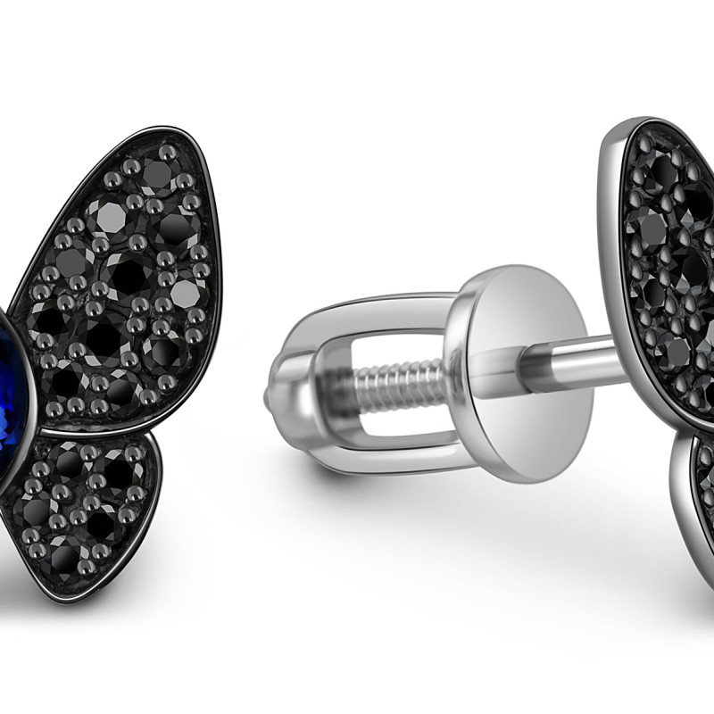 Серьги пусеты из белого золота с чёрными бриллиантами и сапфирами (059562)