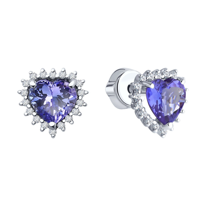 Серьги пусеты из белого золота с бриллиантами и танзанитами 