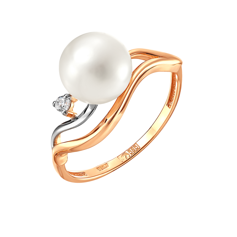 Кольцо из красного золота с жемчугом и фианитом (041792)