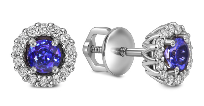 Серьги пусеты из белого золота с бриллиантами и танзанитами (056138)