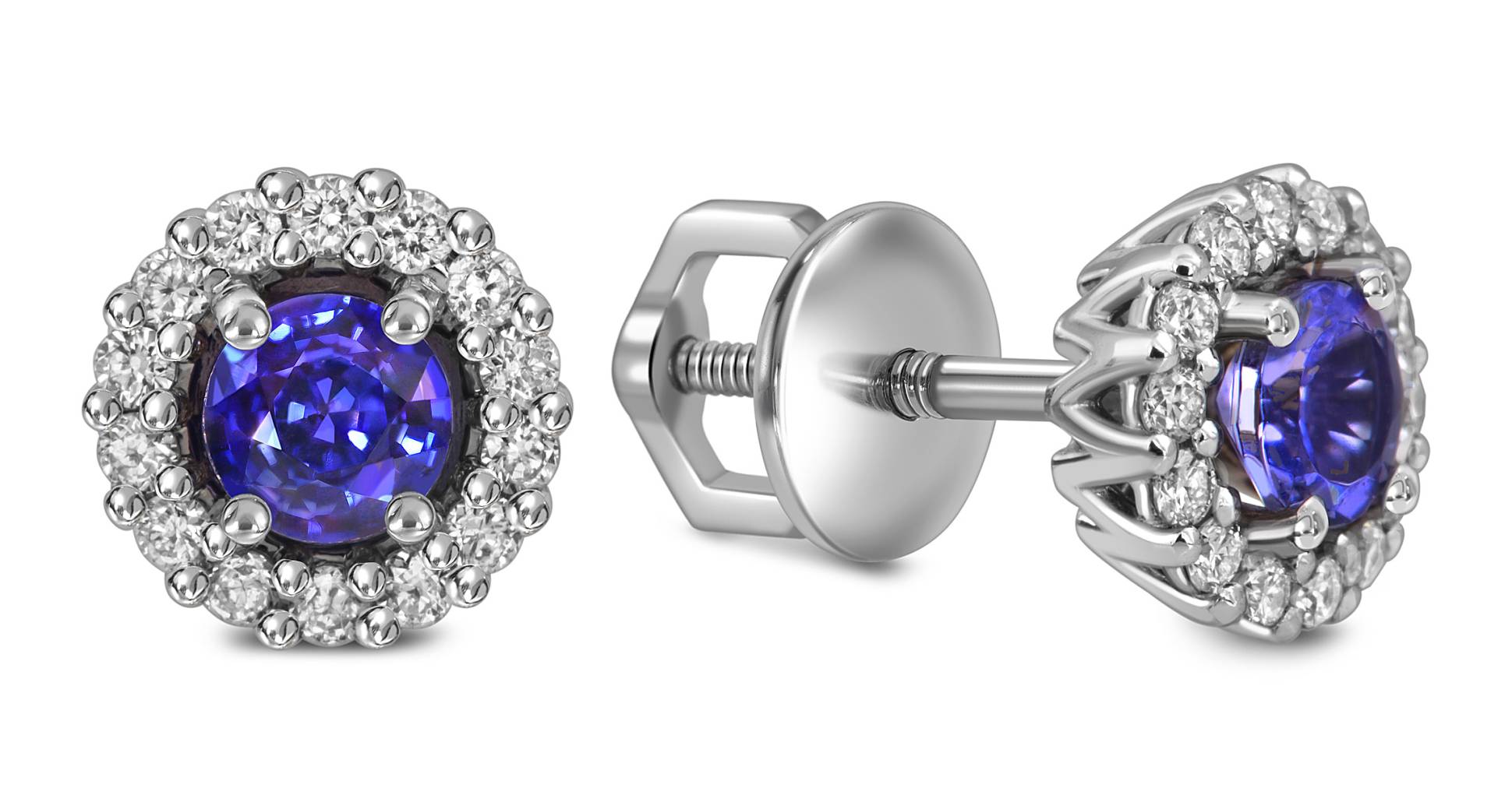 Серьги пусеты из белого золота с бриллиантами и танзанитами (056138)