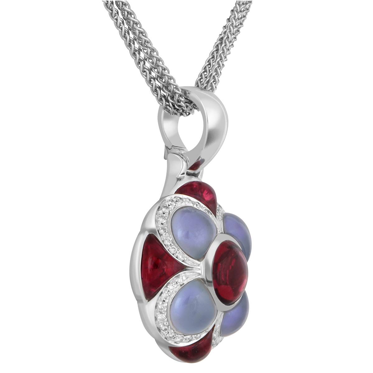 Колье из белого золота с бриллиантами, халцедонами и турмалинами (039228)