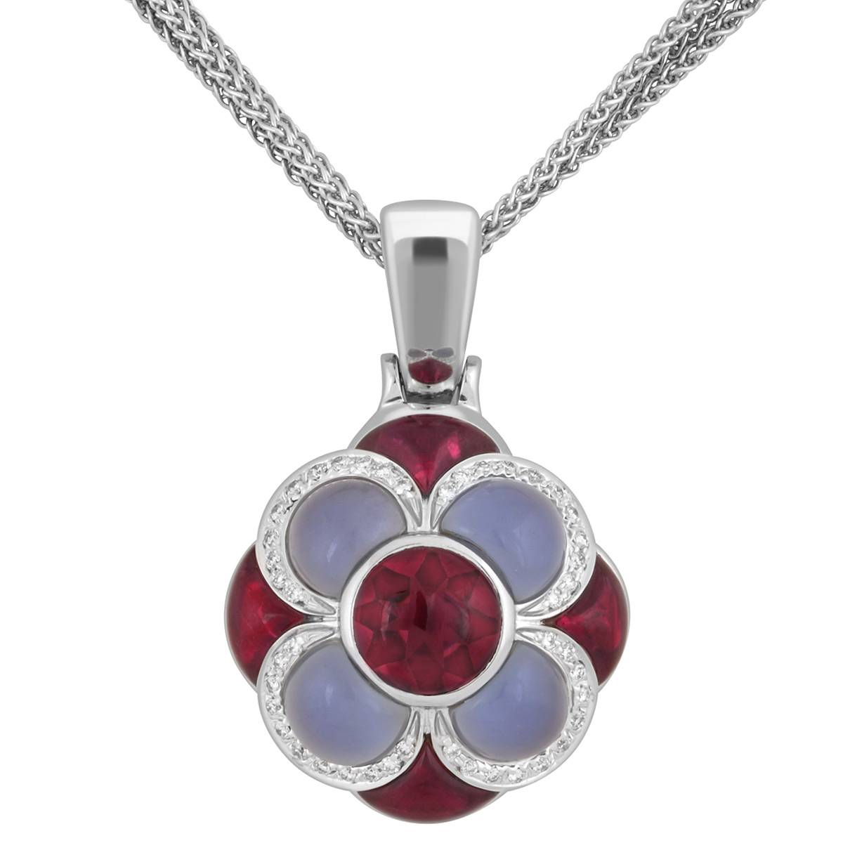 Колье из белого золота с бриллиантами, халцедонами и турмалинами (039228)