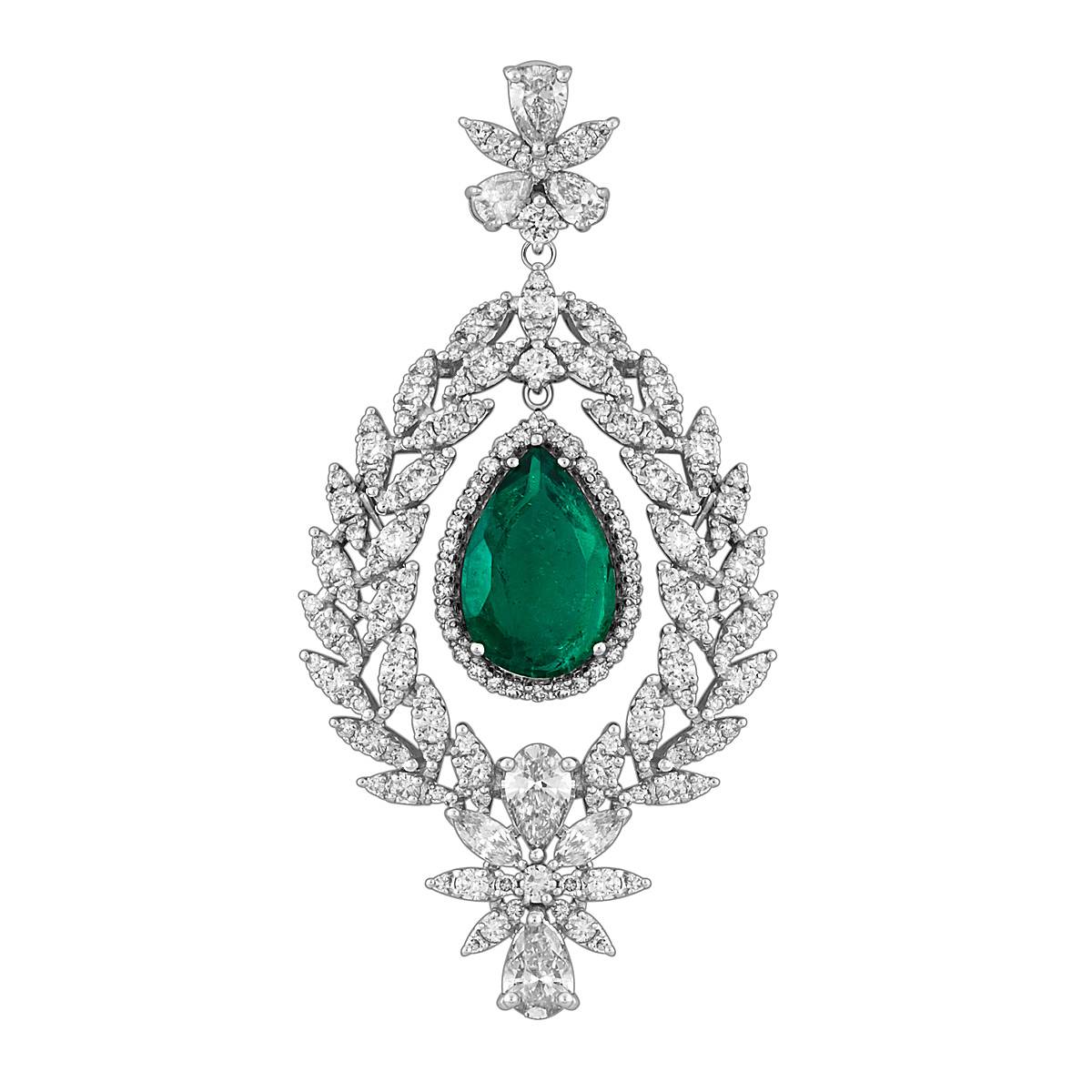Кулон из белого золота с бриллиантами  и изумпудом (047601)