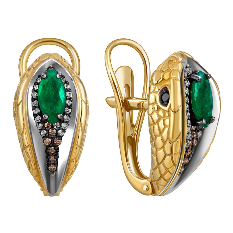 Серьги из жёлтого золота с бриллиантами и изумрудами (055182)