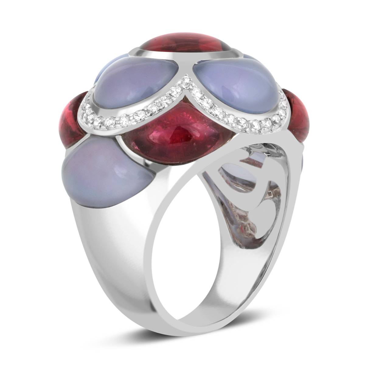 Кольцо из белого золота с бриллиантами, турмалинами и халцедонами (039227)