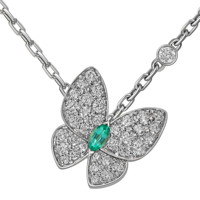 Колье из белого золота с бриллиантами и изумрудом "Бабочки" (055527)