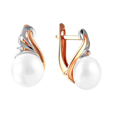 Серьги из красного золота с жемчугом и фианитами (041489)