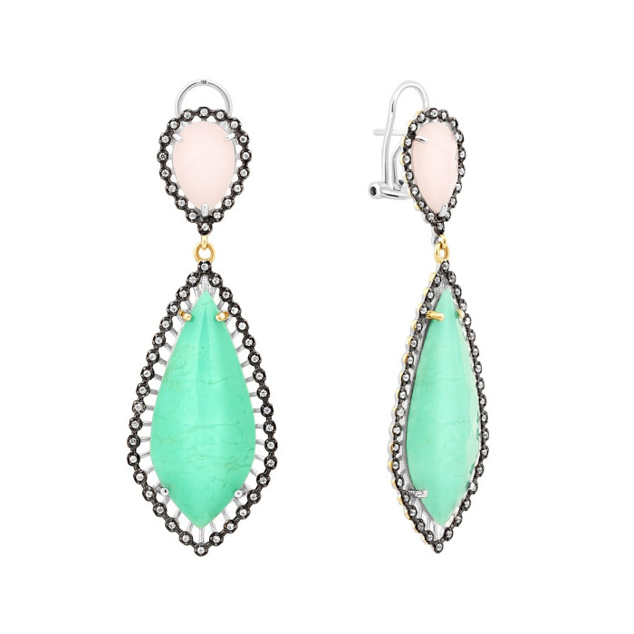 Cерьги из белого золота с хризопразами, розовыми опалами и бесцветными сапфирами (007325)