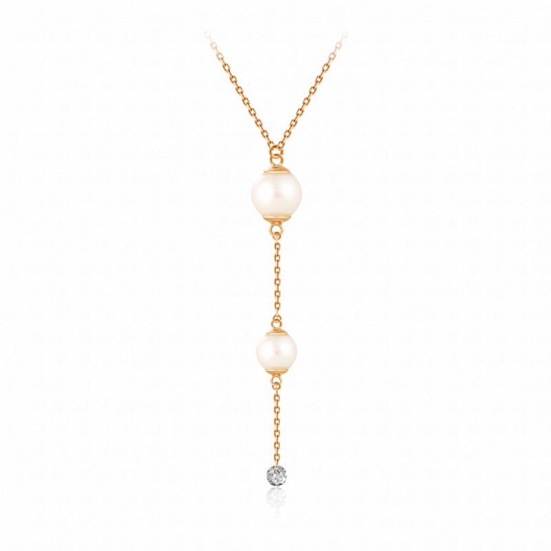 Колье из красного золота с бриллиантом и жемчугом Акойя (047748)