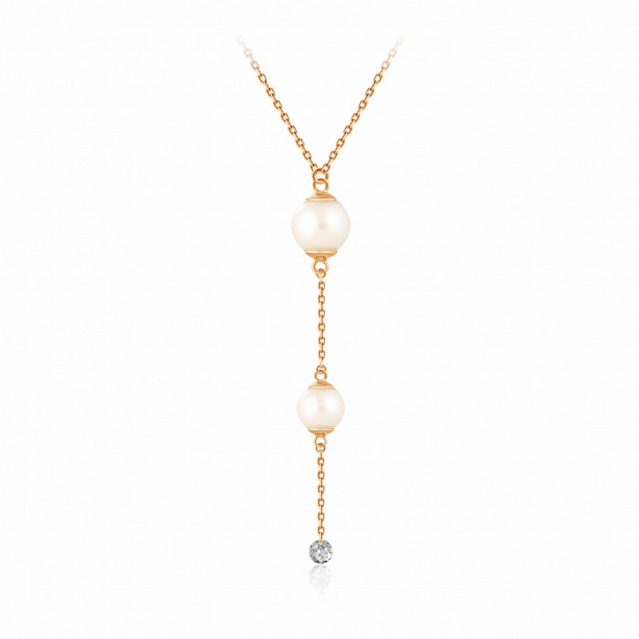 Колье из красного золота с бриллиантом и жемчугом Акойя (047748)
