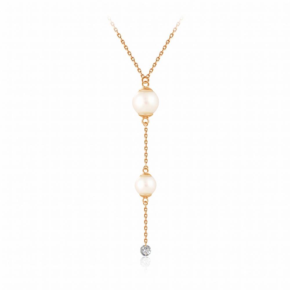 Колье из красного золота с бриллиантом и жемчугом Акойя (047748)