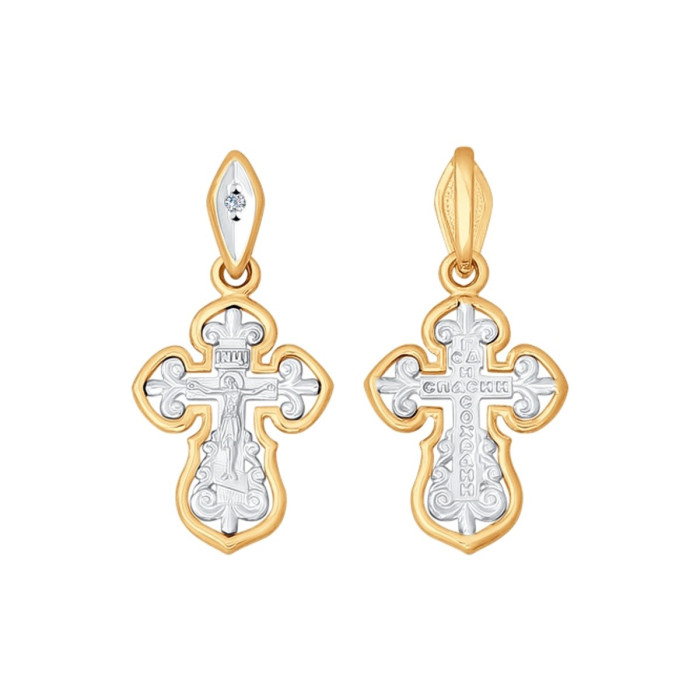 Кулон крест из комбинированного золота с бриллиантом (025069)