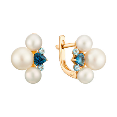 Серьги из красного золота с топазами и жемчугом (041498)