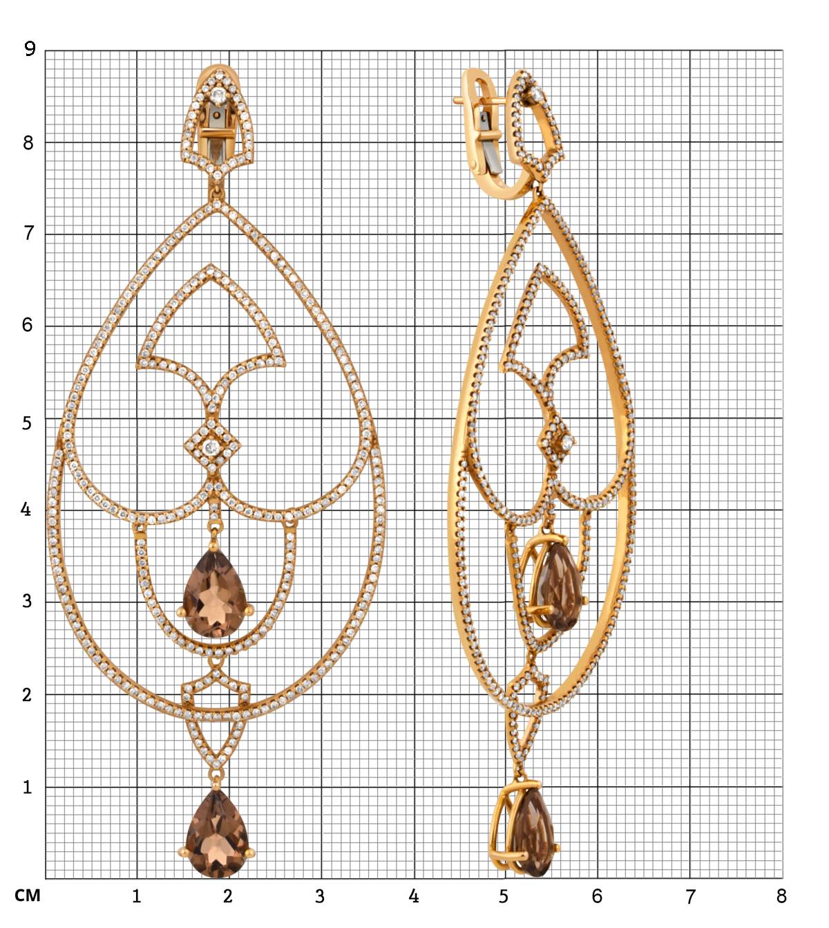 Серьги из красного золота с бриллиантами и раухтопазами (048108)