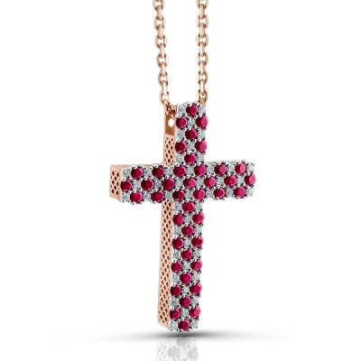 Колье крест из красного золота с бриллиантами и рубинами (051424)