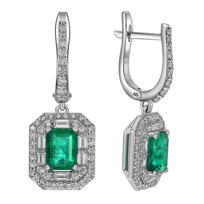 Серьги из белого золота с бриллиантами и  изумрудами (063703)