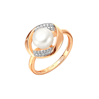 Кольцо из красного золота с жемчугом и фианитами (041468)