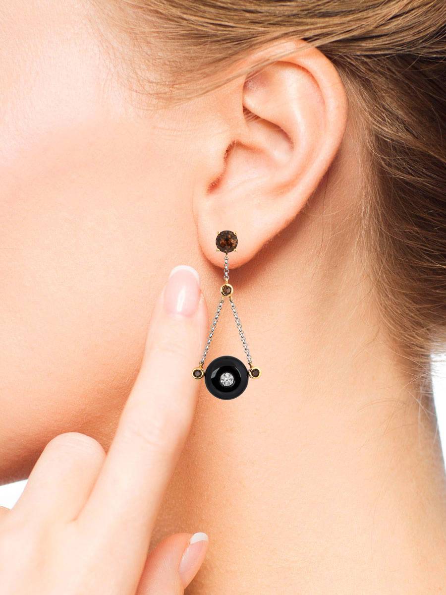 Серьги с бриллиантами, агатами и дымчатами кварцами (011072)