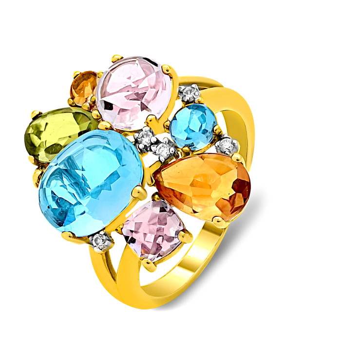 Кольцо из жёлтого золота с бриллиантами и цветными полудрагоценными камнями (018503)