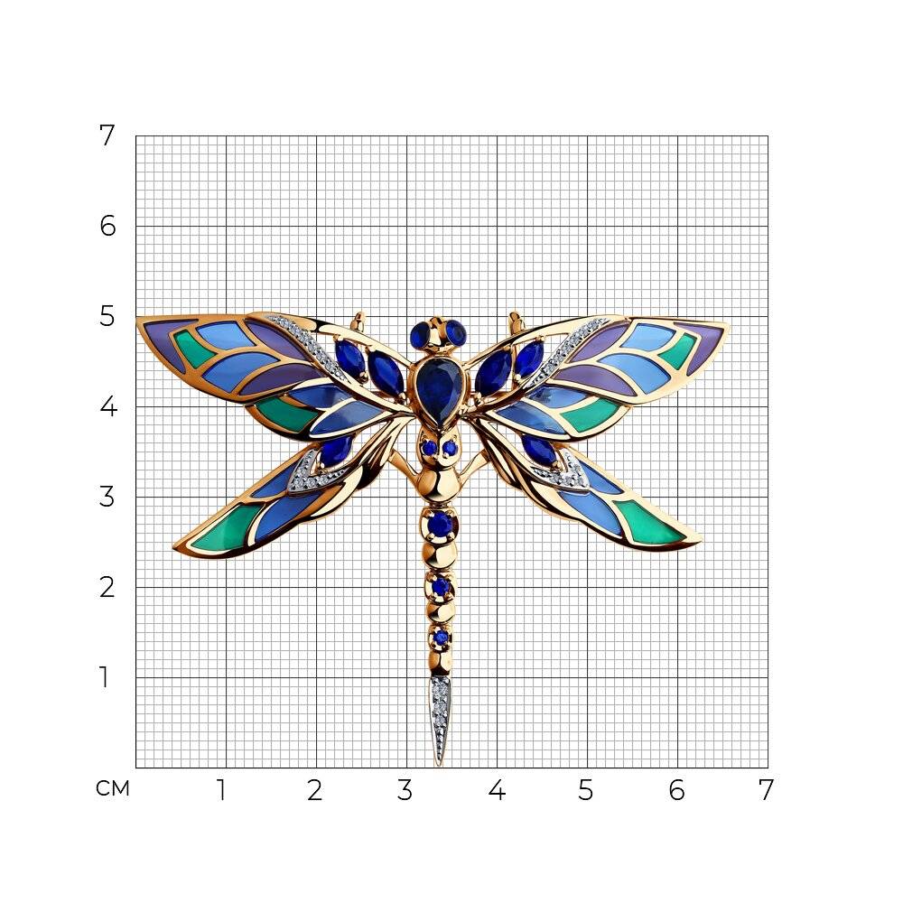 Брошь из красного золота с бриллиантами, корундами и эмалью (050610)