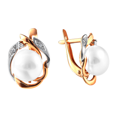 Серьги из красного золота с жемчугом и фианитами (041822)