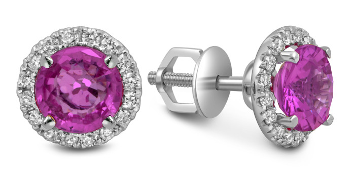 Серьги пусеты из белого золота с бриллиантами и розовыми сапфирами (052503)